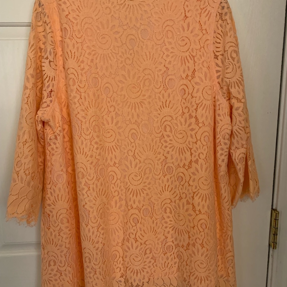 ISAAC MIZRAHI Peachy Lace Top V-Neck 3/4 Length Fringed Unlined Sleeves Size 1X - Picture 8 of 9